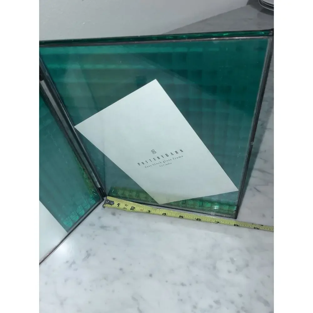 Pottery Barn Duet Block Glass Picture Frame Green Hinged Holds 2 5X7 Photo